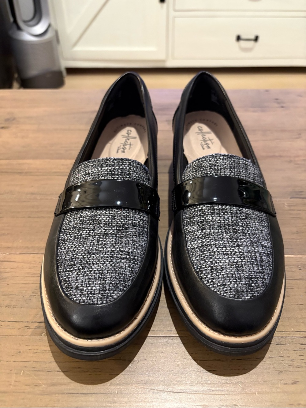 Clarks Black and Gray Tweed Patent Accent Loafers